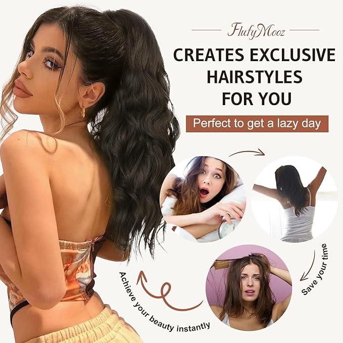 FLUFYMOOZ Ponytail Extension, 18 Inch Claw Clip Ponytail Extension, Wavy Curly Claw Clip in Ponytail Hair Extensions, Fake Ponytail Synthetic Hairpiece for Women (Blonde with White Blonde Highlights)