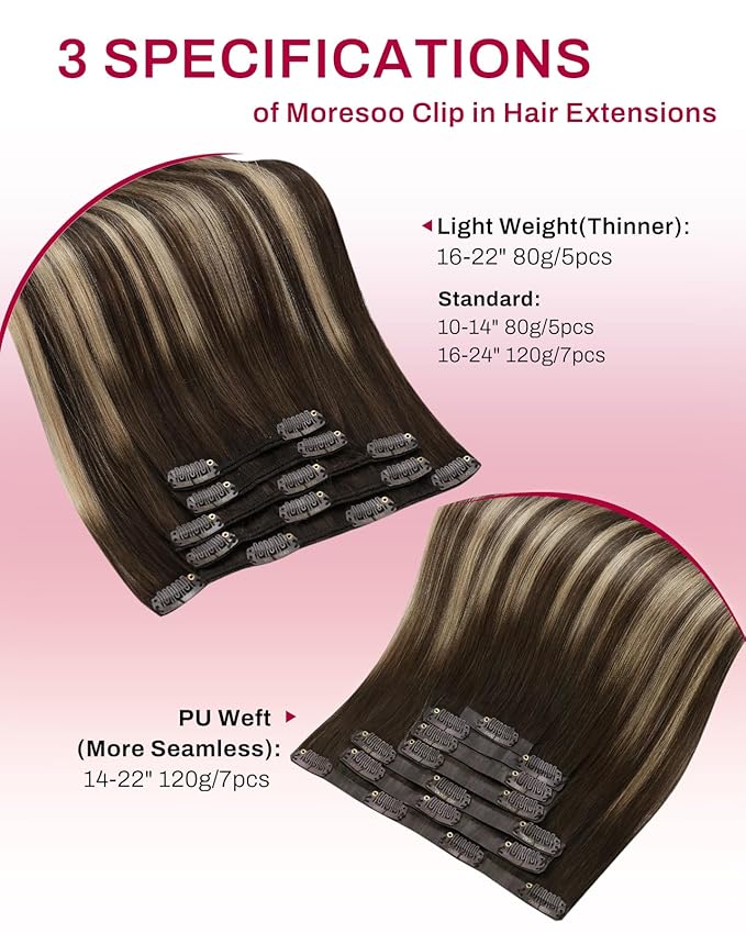 Moresoo Clip in Hair Extensions Real Human Hair Balayage Dark Brown with Caramel Blonde 5pcs 80g Remy Straight Invisible Lace Double Weft Ombre Human Hair Clip in Extensions 18inch
