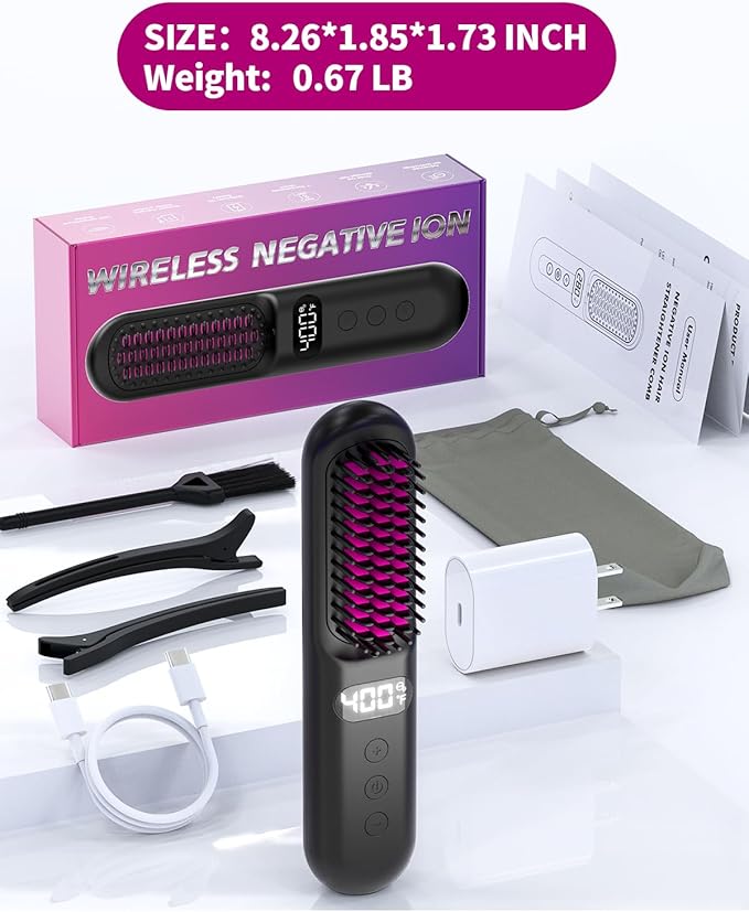 YFG Cordless Hair Straightener Brush, 10000mAh Battery, Ionic Thermal Wireless Hot Hair Brush Heat Comb (Black), Portable