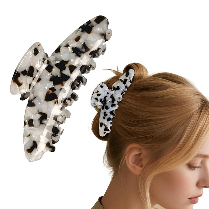 French Hair Claw Clips for Women Grils,4 Inch Strong Hold No Slip Grip Accessories Acetate Material,Not Easily Damaged,Thick or Thin Hair (White & Brown)