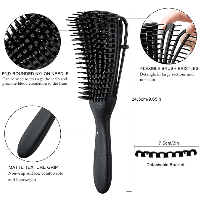 2 Pieces Detangling Brush for Afro America/African Hair Textured 3a to 4c Kinky Wavy/Curly/Coily/Wet/Dry/Oil/Thick/Long Hair, Knots Detangler Easy to Clean (Black)