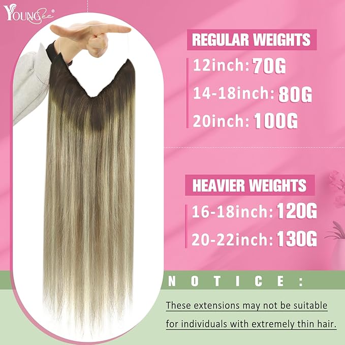 YoungSee 100G Wire Hair Extensions Real Human Hair Brown Balayage Wire Human Hair Extensions Walnut to Light Brown with Blonde Fish Line Hair Extension for Women 20inch