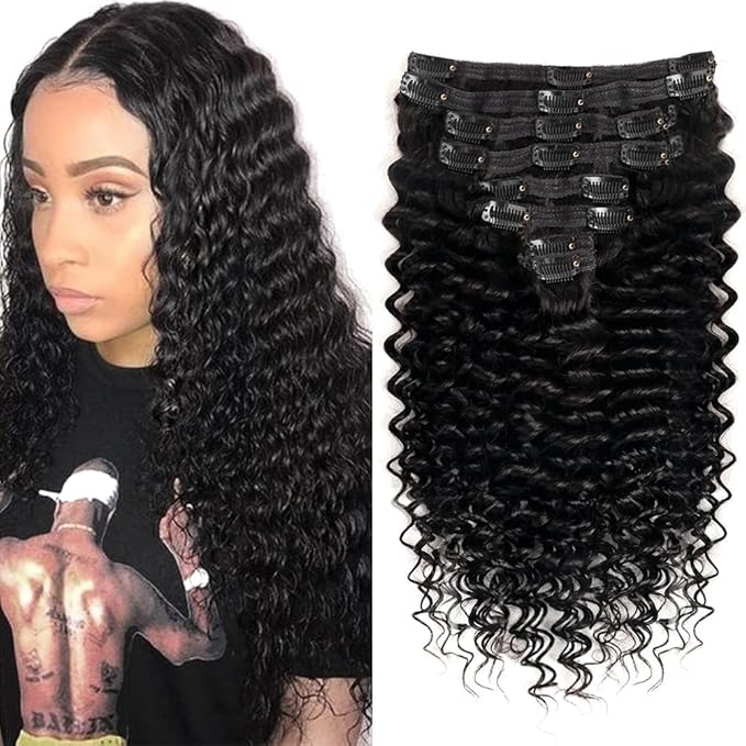 Deep Wave Clip in Hair Extensions for Black Women Brazilian Virgin Human Hair Extensions 8Pcs Remy Hair Extensions Clip in Human Hair with 18Clips 120g (14inch, Natural Black)