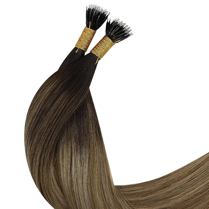 YoungSee Nano Ring Hair Extensions 20 Inch Brown Nano Beads Hair Extensions Real Human Hair Balayage Dark Brown with Blonde Nano-Loops Human-Hair Extension 50g 50s for Everyday Wear
