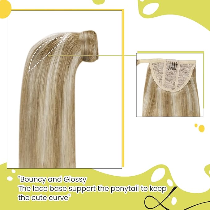 RUNATURE Human Hair Ponytail Extension Blonde, Straight Ponytail Extension Real Human Hair, Ponytail Hair Extensions Short, Remy Natural Hair 12 Inch 70g #16P22 Dark Ash Blonde Highlight Light Blonde