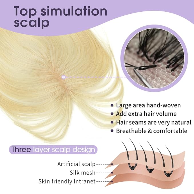 Human Hair Topper with Bangs for Women 14'' Bleach Blonde 100% Remy Human Hair Invisible Hair Piece for Thinning Hair