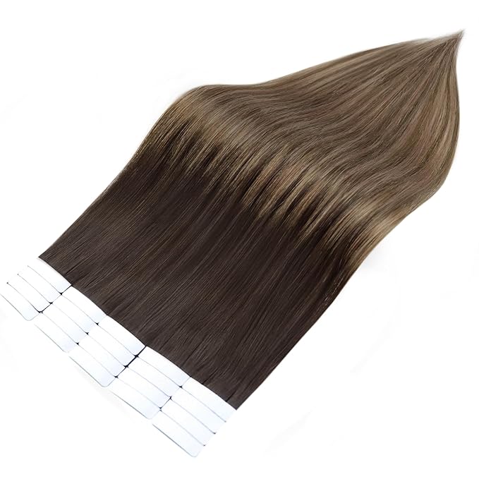 Full Shine Balayage Tape in Hair Extensions Human Hair 12Inch Darkest Brown 2 Ombre 6 Light Brown Highlight 18 Ash Blonde Hair Extensions Tape in 20Pcs 30G Seamless Skin Weft