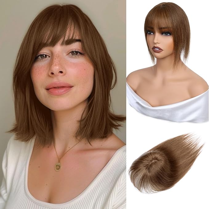 Hair Toppers for Women Clip in Bangs Real Human Hair,10 Inch 30g Brown Topper for Women 150% Density Silk Base Clip in Pieces Straight for Thin Daily Use