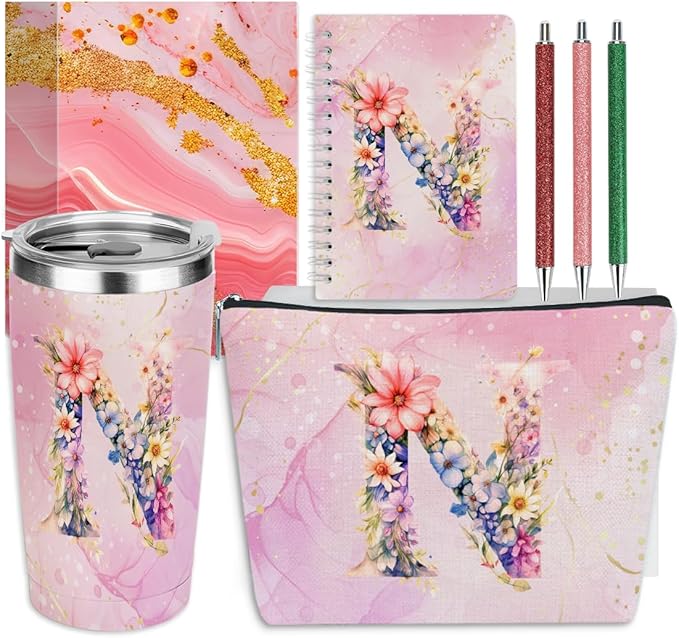 Personalized Gifts Monogrammed Birthday Gifts for Women, Colleague, Female Farewell Christmas, Initial 20 oz Tumbler, Makeup Cosmetic Bag Cup Pens Journal Notebook 6 Set, (Aesthetic Pink Flower N)