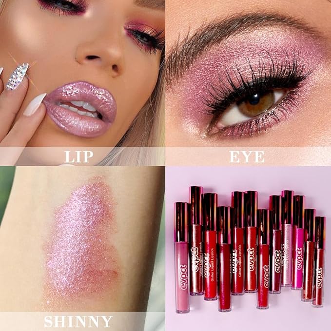 evpct 2Pcs Rose & Hot Pink Glitter Metallic Shimmer Diamond Lipstick Lip Gloss Set for Women Long Lasting Waterproof, Light Bright Rose Pink Sparkle Glitter Matte Liquid Lipstick Lip Makeup Kit