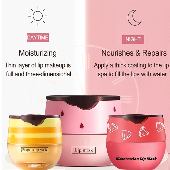 3 PCS Bee Lip Balm Lip Mask Honey Pot, Honey & Strawberry & Watermelon Lip Mask Overnight Propolis Moisturizing Lip Balm with Stick, Hydrating Repair Lip Sleeping Mask,Prevention Dry & Cracked