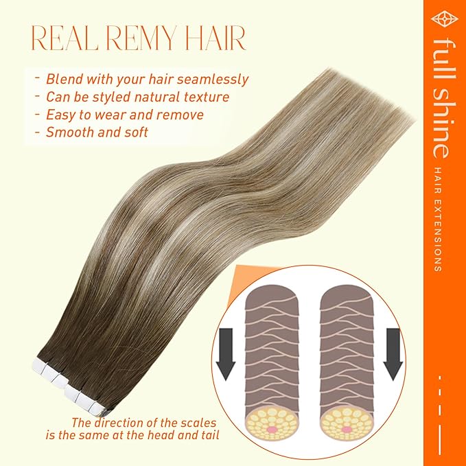 Full Shine Tape in Hair Extensions Human Hair 16Inch Remy Tape in Extensions 20Pcs 50G Seamless Tape Hair Extensions Real Human Hair Dark Roots Color 3/8/22 Brown and Blonde Highlights for Wedding