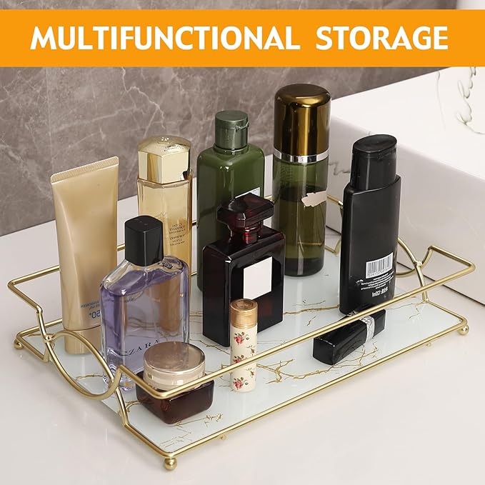Vanity Tray Luxury Bathroom Counter Tray Glass Perfume Organizer Holder Cosmetics Makeup Skincare Display Decorative Vanity Trays for Bathroom Dresser Bedroom (Platinum, L)