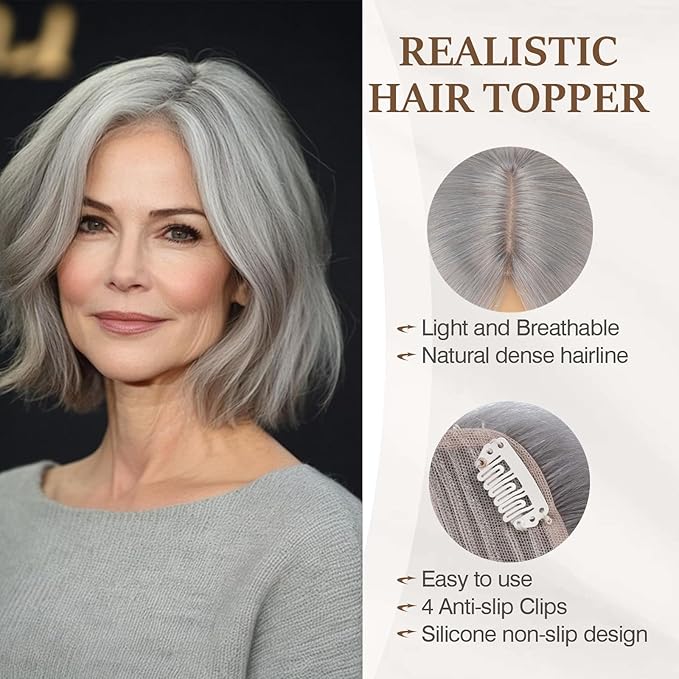 Rich Choices Hair Toppers for Women Real Human Hair 100% Human Remy Toppers NO Bangs for Women with Thinning on Top Clip in Hairpiece 4"x4.7"Lace Base 12 Inch Gray