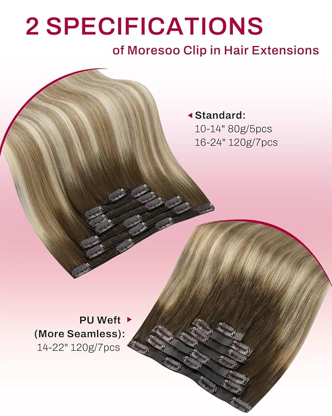 Moresoo Seamless Clip in Hair Extensions Human Hair Balayage Remy Straight PU Weft Human Hair Clip in Extensions Full Head Ombre Brown to Light Brown with Golden Blonde 7pcs/120g 20inch