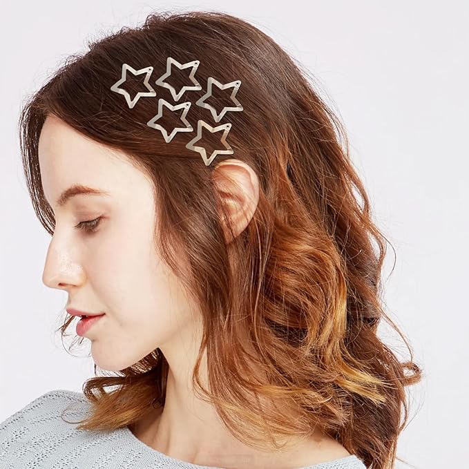 Star Hair Clips 2000s Y2K Snap Hair Barrettes Non Slip Star Hair Accessories Silver Metal Hair Clips for Girls Women -30 PCS 1.57"