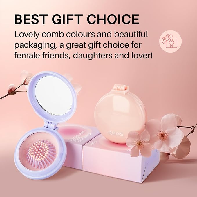 RHOS Folding Brush with Mirror for Women, Girls - Compact Pocket Portable Hair Brush with Soft Nylon Bristles for Purse and Travel (Pink)