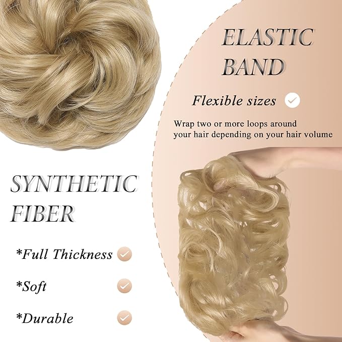 Large Messy Bun Hair Piece Curly Synthetic Extensions Scrunchies Fake Chignon Updo Hairpieces for Women Natural Blonde Balayage