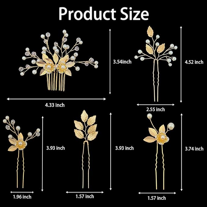 10 Pieces Gold Leaf Bridal Hair Pins, Wedding Headpiece Hair Jewelry with Pearl Rhinestone Wedding Hair Accessories for Bride Bridesmaids Flower Girls(Flowers)