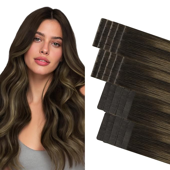 GOO GOO Invisi Edge Tape in Hair Extensions Human Hair, 2/6/2 Balayage Dark Brown to Chestnut Brown 10pcs injected with 10pcs classical tape ins, 22inch 50g, Virgin Remy Hair, Natural Look