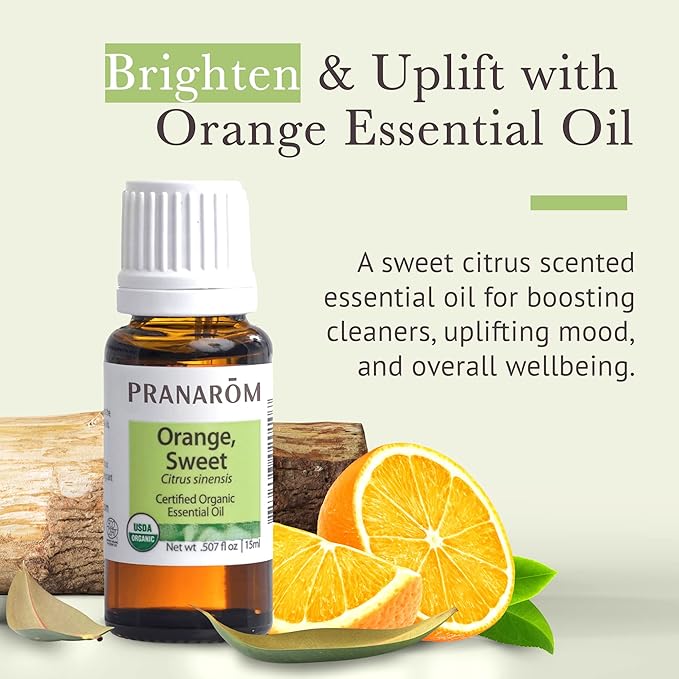 Pranarom USDA Certified Organic Sweet Orange Essential Oil (15ml), 100% Pure Undiluted Therapeutic Grade from Mexico for Aromatherapy, Diffuser, Citrus Scent, Soothing, DIY Cleaning
