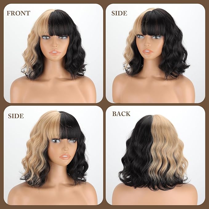 MISSQUEEN Short Black and Blonde Wavy Wig with Bangs for Women Heat Resistant Synthetic Hair Two Color Cosplay Party Costume Wig Halloween Wig