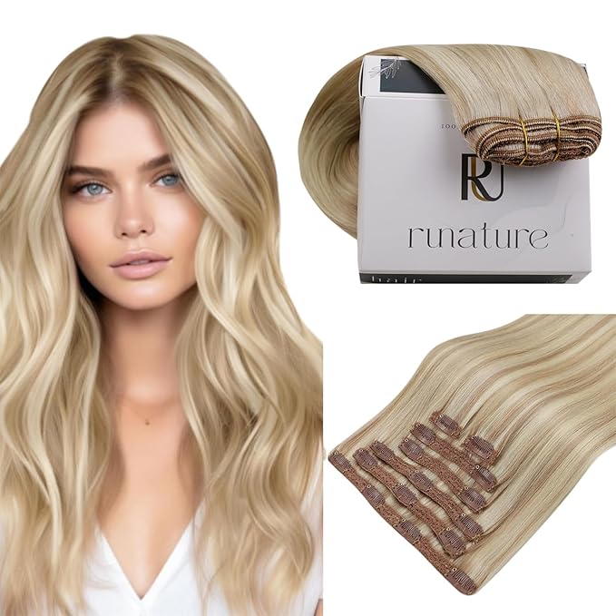 RUNATURE Blonde Hair Extensions Clip Ins, 14 Inch 120g Thick Clip in Hair Extensions Real Human Hair, Full Head Remy Brazilian Human Hair Clip Ins, Add Hair Volume, #18P60 Ash Blonde Highlights