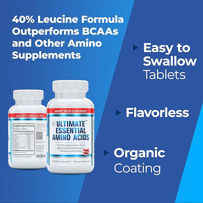 Ultimate 100% Essential Amino Acid Supplement for Cutting, Fasting & Workouts - All 9 EAAs, 40% Leucine — Ideal BCAA Ratio for Energy, Muscle & Recovery - 300 Easy-to-Swallow Keto & Vegetarian Tablets