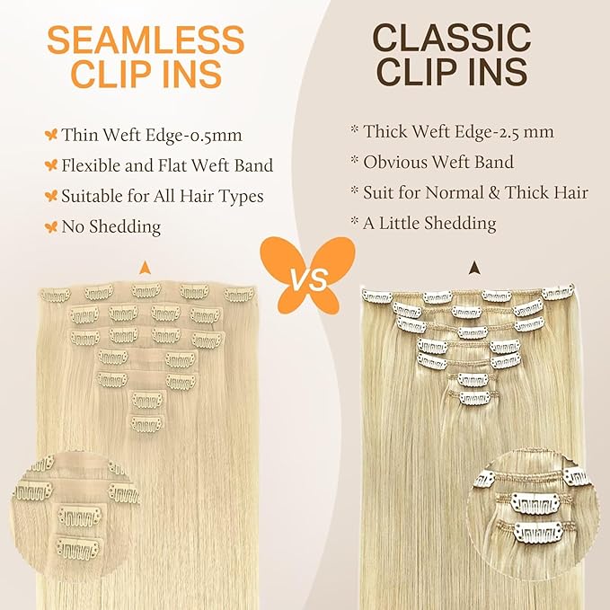 DOORES Seamless Clip in Hair Extensions, Bleach Blonde 18 Inch 7pcs 110g, Invisi Edge Hair Extensions Straight Remy Weft