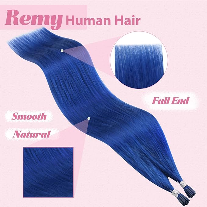 YoungSee I Tip Hair Extensions Blue I Tip Hair Extensions Human Hair Blue 20 Inch Itips Extension Real Human Hair Colored for Party Highlights 20 Inch I-Tip Remy Human-Hair