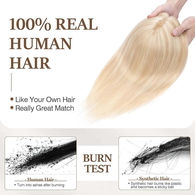 Rich Choices Hair Toppers for Women Real Human Hair 100% Human Remy Toppers with Thinning Hairs NO Bangs Clip in Hairpiece 4"x4.7"Lace Base 18 Inch #18P613 Ash Blonde Highlights Bleach Blonde
