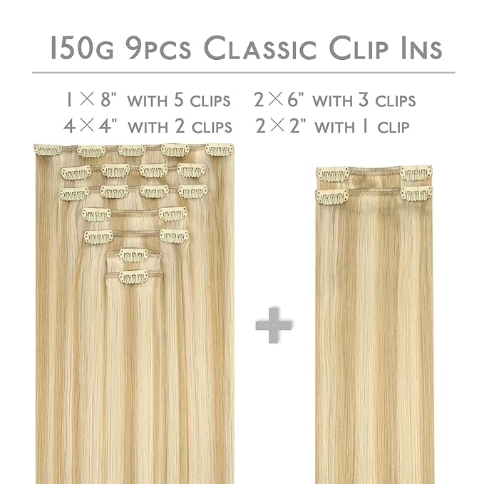 WENNALIFE Clip in Hair Extensions, 150g 24 Inch 9pcs Light Blonde Highlighted Golden Blonde Human Hair Extensions Thicker Real Human Hair Clip Set Double Weft