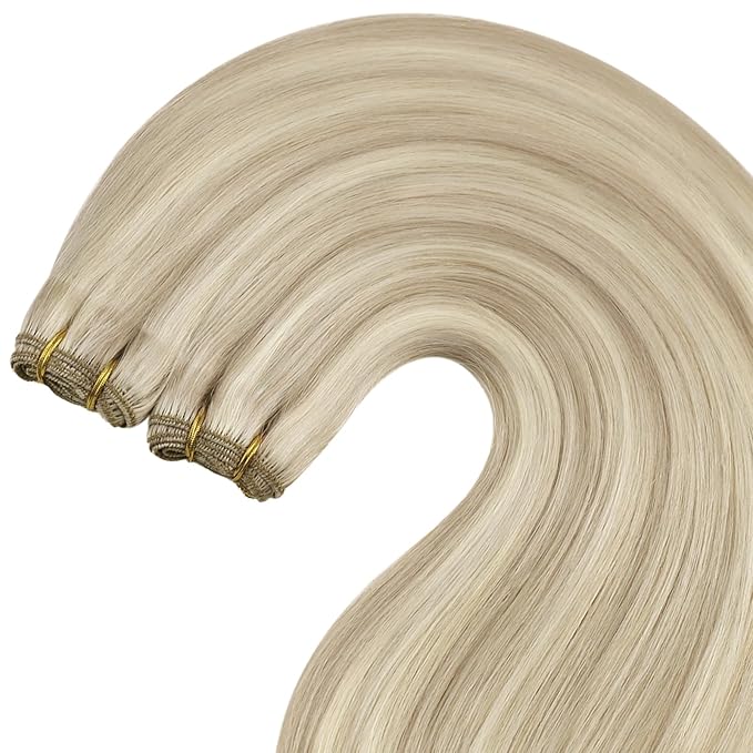 YoungSee Weft Hair Extensions Human Hair Blonde Highlight Human Hair Weft Extensions Warm Ash Blonde Highlights Bleach Blond Soft and Smooth Sew in Bundles Remy Hair 16Inch 100G