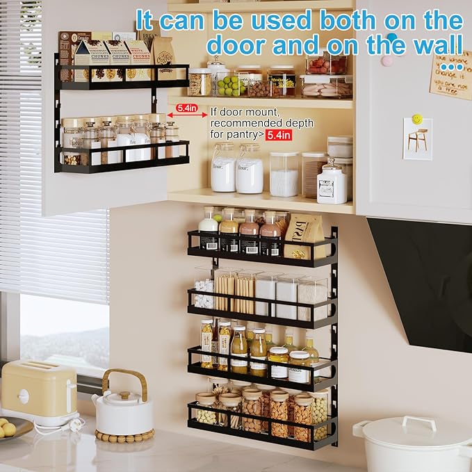 X-cosrack 6-Tier Wall-Mounted Spice Rack Organizer with Mixed Basket Sizes, Height-Adjustable Hanging Spice Shelf for Kitchen Pantry Cabinet, Large-Capacity Seasoning Holder, Black