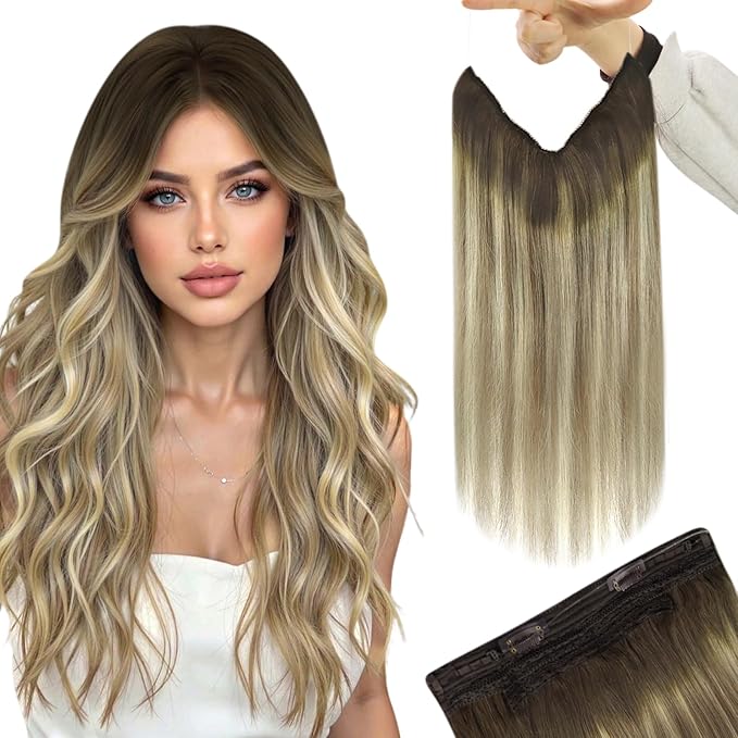 YoungSee 100G Wire Hair Extensions Real Human Hair Brown Balayage Wire Human Hair Extensions Walnut to Light Brown with Blonde Fish Line Hair Extension for Women 20inch