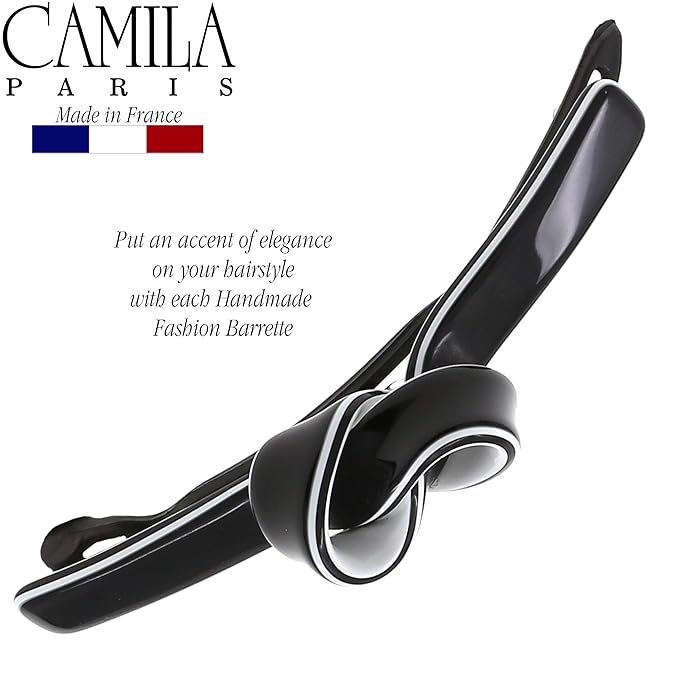 Camila Paris CP3358 French Hair Barrette Clip for Girls, Handmade, Black/White, Metal-Free Closure Strong Hold Grip Hair Clips for Women, No Slip Durable Styling Girls Hair Accessories, Made in France