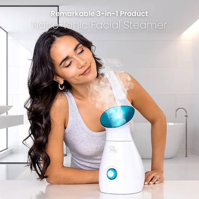 Pure Daily Care NanoSteamer Large 3-in-1 Nano Ionic Facial Steamer with Precise Temp Control - Humidifier - Unclogs Pores - Blackheads - Spa Quality - Bonus 5 Piece Stainless Steel Skin Kit (Teal)