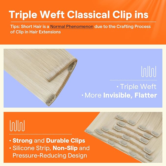 Full Shine Clip in Extensions Real Human Hair Blonde Extensions Clip in 16 Inch White Blonde Human Hair Extensions 7 Pcs 120 G
