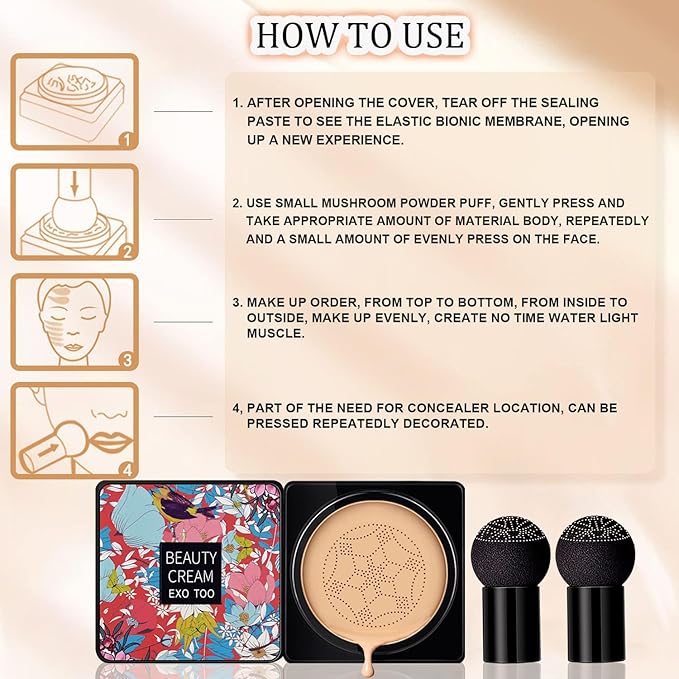 2 Pack Beauty Cream EXO TOO Foundation, Beauty Cream Makeup Base, Moisturizing, Long Lasting Matte Air Cushion CC Cream Concealer with Two Mushroom Head Sponges