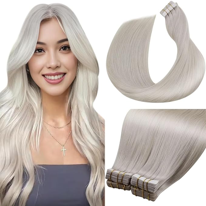 LaaVoo Tape in Hair Extensions Human Hair Platinum Blonde Real Hair Extensions Tape in #60 Blonde 24 Inch 40pcs/100g