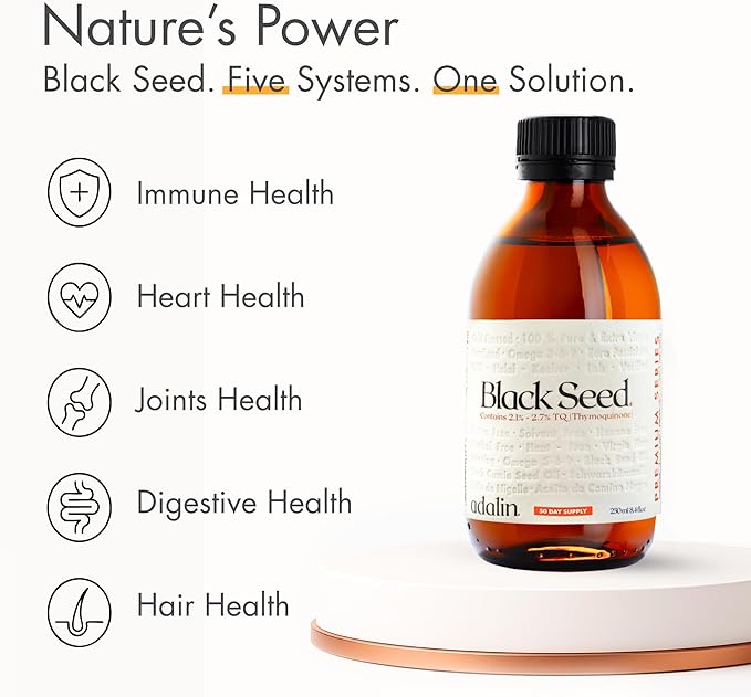 adalin Black Seed Oil Liquid 8.4 fl oz | Nigella Sativa Seed Oil | High Thymoquinone | Cold Pressed | Glass Bottle | Blackseed | Vegan | Gluten Free
