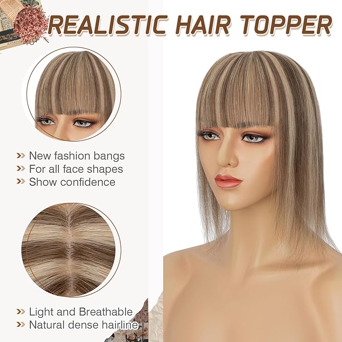Rich Choices Real Human Hair Toppers for Women With Bang 100% Remy Human Hair Topper for Thinning Hair Clip in Silk Base Hair Topper 6 Inch #4P27 Medium Brown Mix Dark Blonde