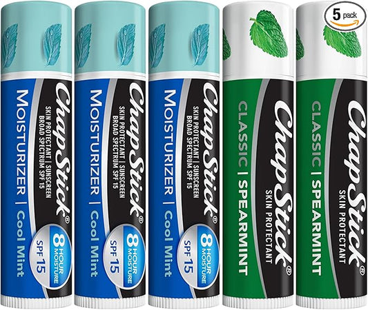 ChapStick Moisturizer 2-in-1 Lipcare SPF 15 Cool Mint 3-Pack + Classic Spearmint Lip Balm 2-Pack, 0.15 Oz Ea (5 Piece Set)