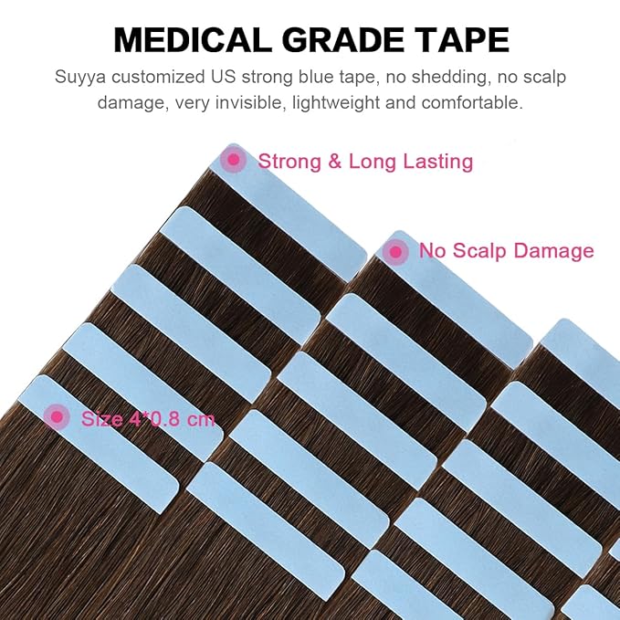 SUYYA Tape in Hair Extensions Remy Human Hair Chocolate Brown Color 14 inches 40g 20pcs Straight Seamless Skin Weft Tape in Human Hair Extensions(14 inches #4 Dark Brown)