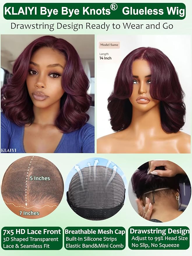 KLAIYI Black Cherry Bob Loose Body Wave Precut 7x5 HD Lace Front Wigs Human Hair Glueless Bye Bye Knots Drawstring Red Burgundy Wig with Curtian Bang Pre Plucked Bleached Ready to Put On And Go 10Inch