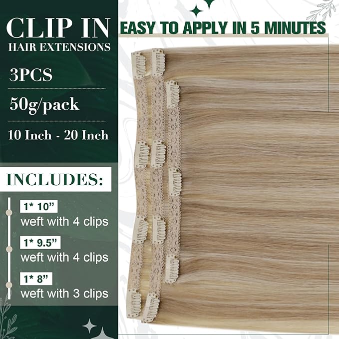 RUANTURE Clip in Human Hair Extensions, Blonde Highlight Real Human Hair Clip in Extensions, Remy Natural Hair Soft Add Hair Volume, 14 Inch 50g 3pcs #16/22 Beige Blonde