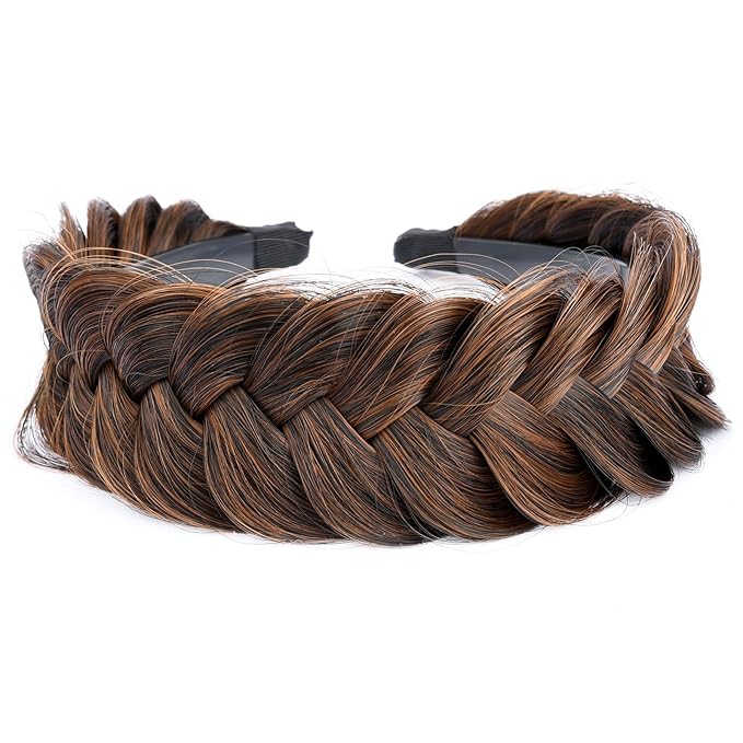 DIGUAN Wide Messy Braided Headband With Teeth Synthetic Hair Plaited Headband High Elasticity Braids Chunky Fishtail Braided Hair Band Hairpiece for Girls Women Beauty Accessory (Auburn)