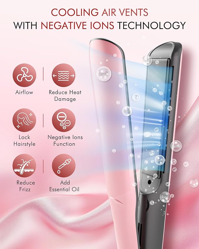 Betahouse Flat Iron Hair Straightener Airflow Curling Iron, Hair Straightener and Curler 2 in 1, 1 Inch Ionic Curling Wand with Cooling Air and Essential Oil Scent, 3 Temp 350-450℉ Dual Voltage