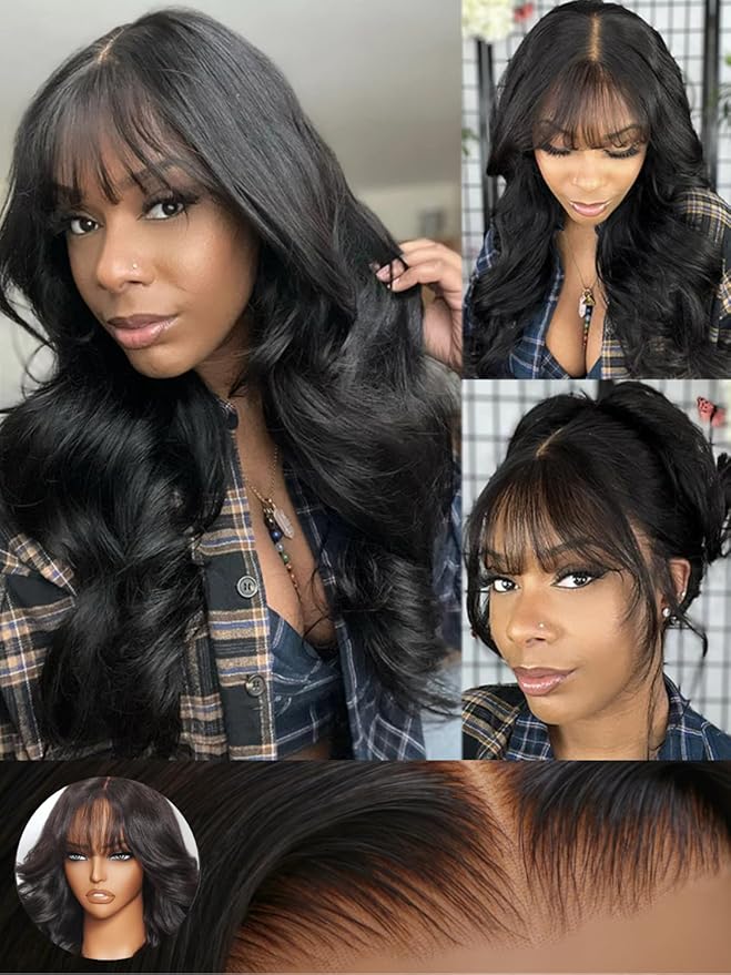 KLAIYI Fluffy Body Wave Curtain Bang Wig Bye Bye Knots Glueless Pre Cut 7x5 Lace Front Wigs Human Hair Loose Wave Pre Bleached Pre Plucked Pre Everything 3S Easy to Wear and Go Wig 180% Density 26Inch