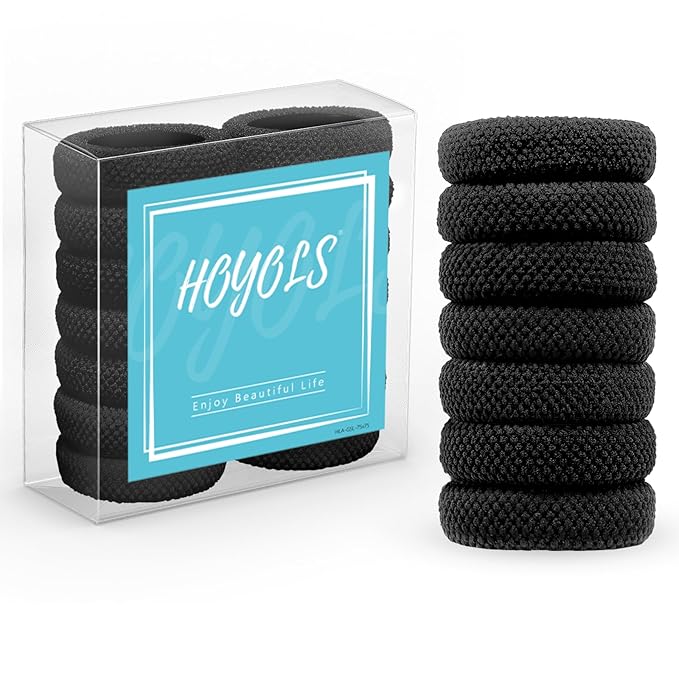 HOYOLS Black Seamless Hair Ties for Thick Hair, No Damage Ponytail Holders Elastics Scrunchies for Women Girls (Black)